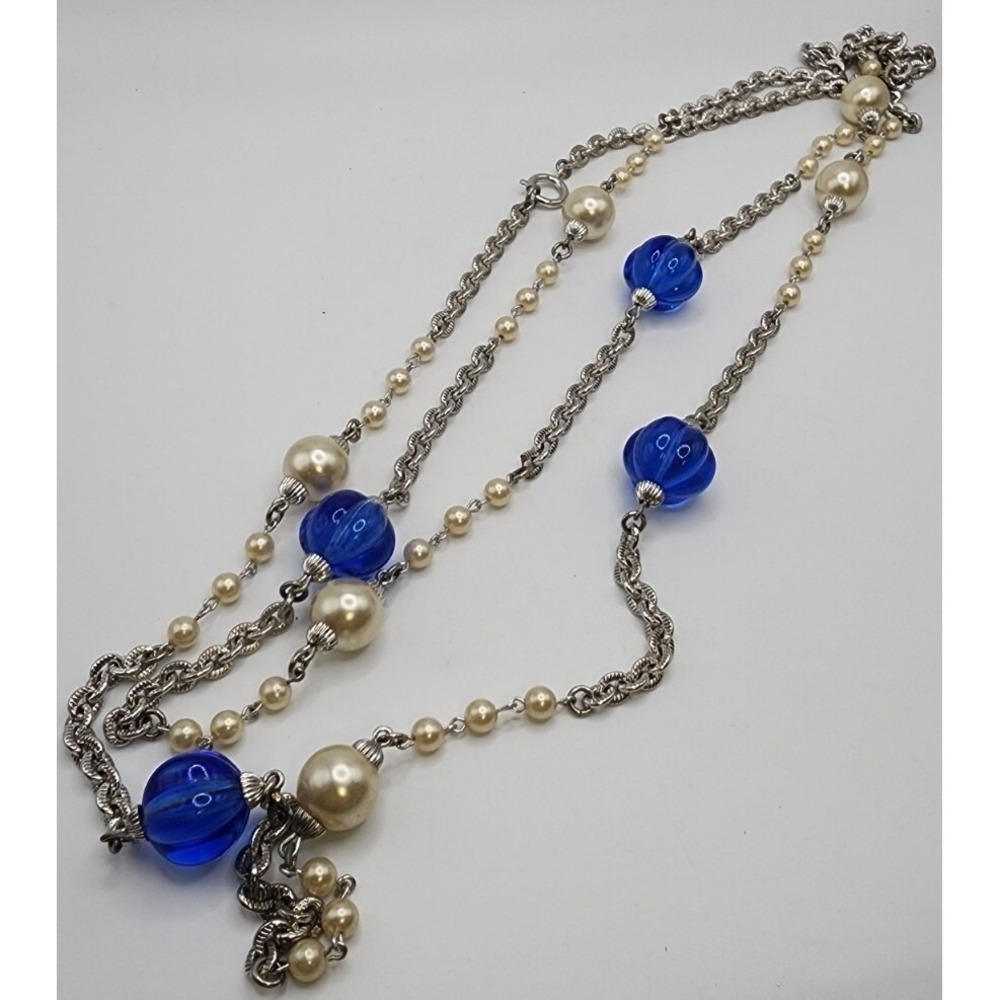 Cobalt Blue Glass Faux Pearl Station Necklace Retro Chain Flapper Layer 63"